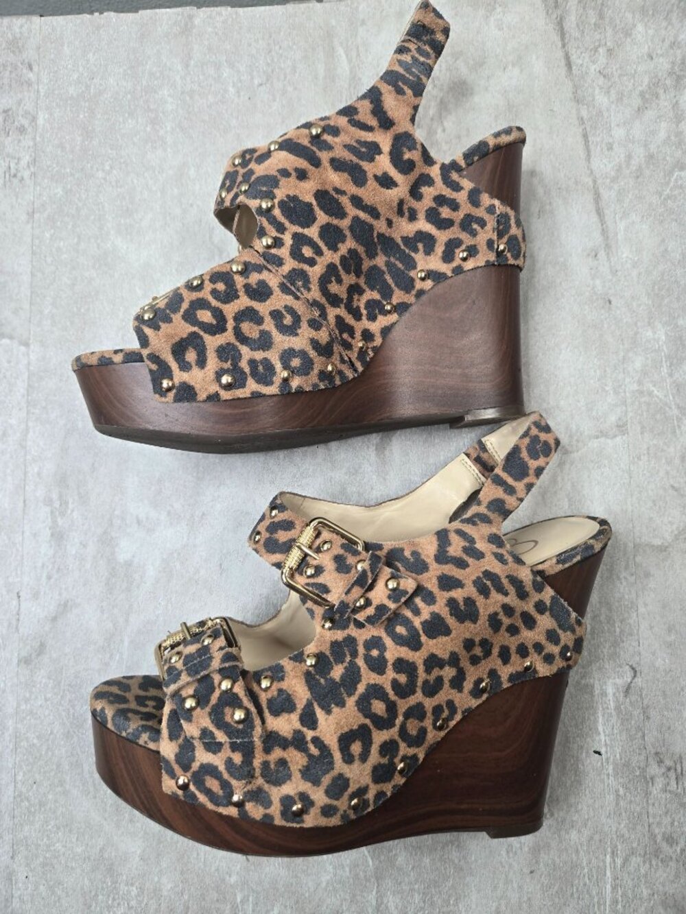 Platform Wedge Sandals 8.5 Leopard Print Peep Toe Studded Buckle Y2k Retro Glam - Picture 6 of 12